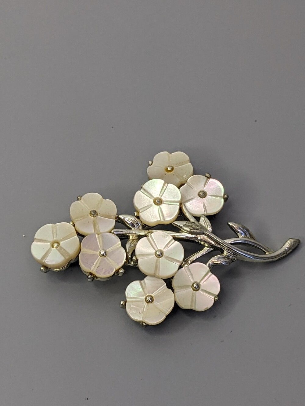 Vintage Floral Spray Brooch Mother Of Pearl Petals Costume Jewelry 1960s Silver